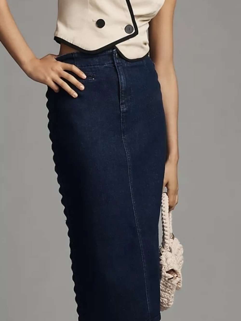 NWT Maeve Denim Midi Skirt with Scalloped Side Trim.